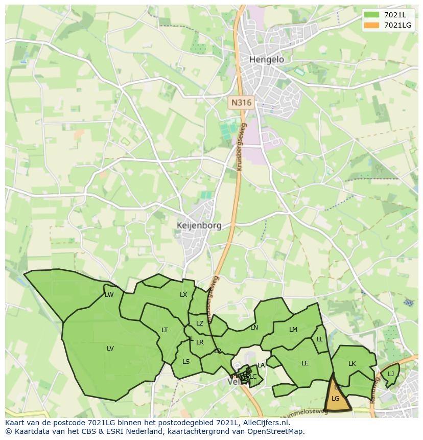Afbeelding van het postcodegebied 7021 LG op de kaart.