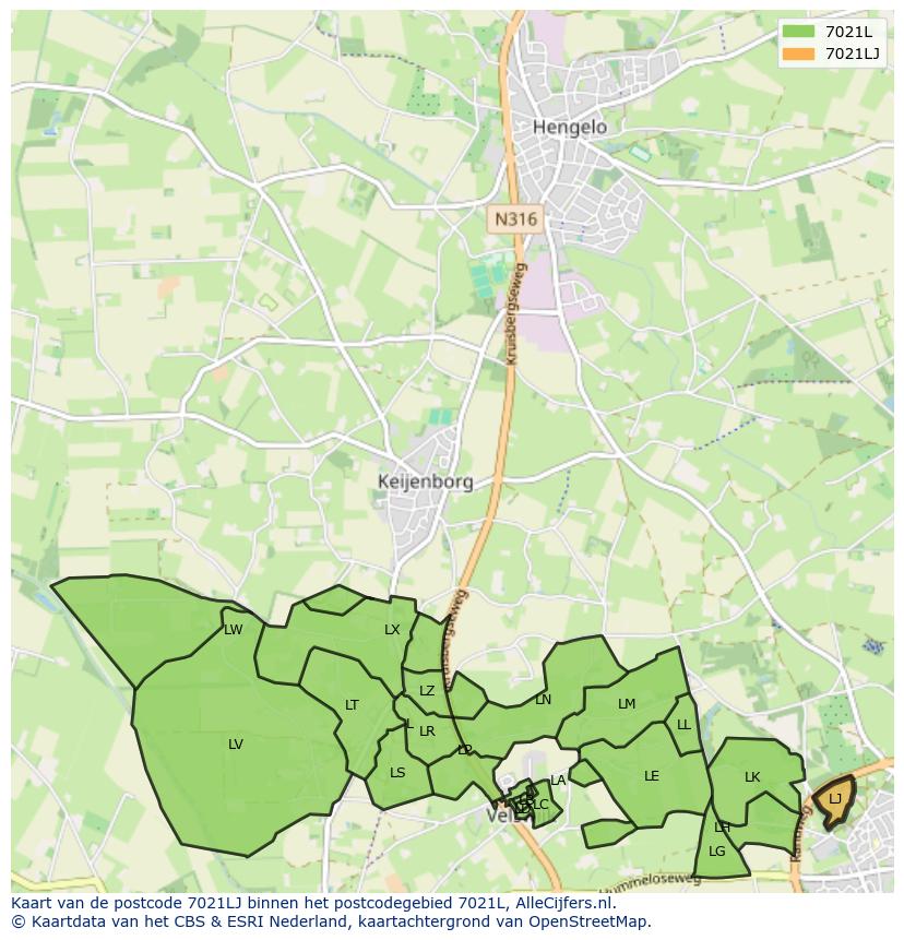 Afbeelding van het postcodegebied 7021 LJ op de kaart.