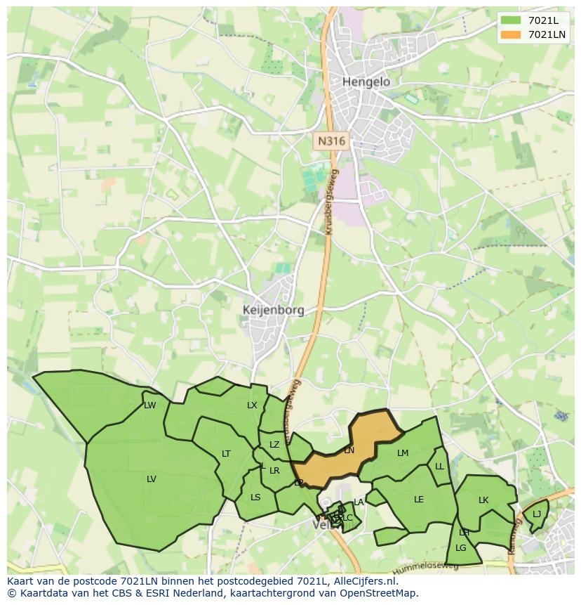 Afbeelding van het postcodegebied 7021 LN op de kaart.