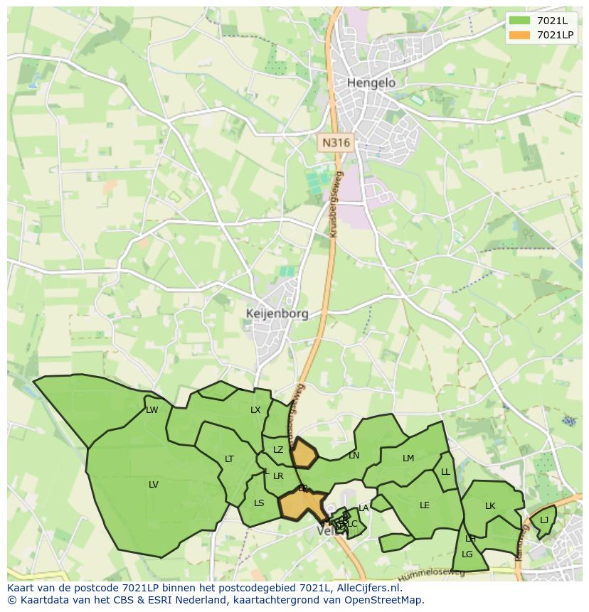 Afbeelding van het postcodegebied 7021 LP op de kaart.