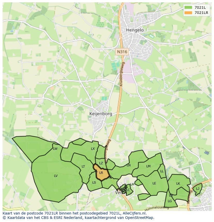 Afbeelding van het postcodegebied 7021 LR op de kaart.