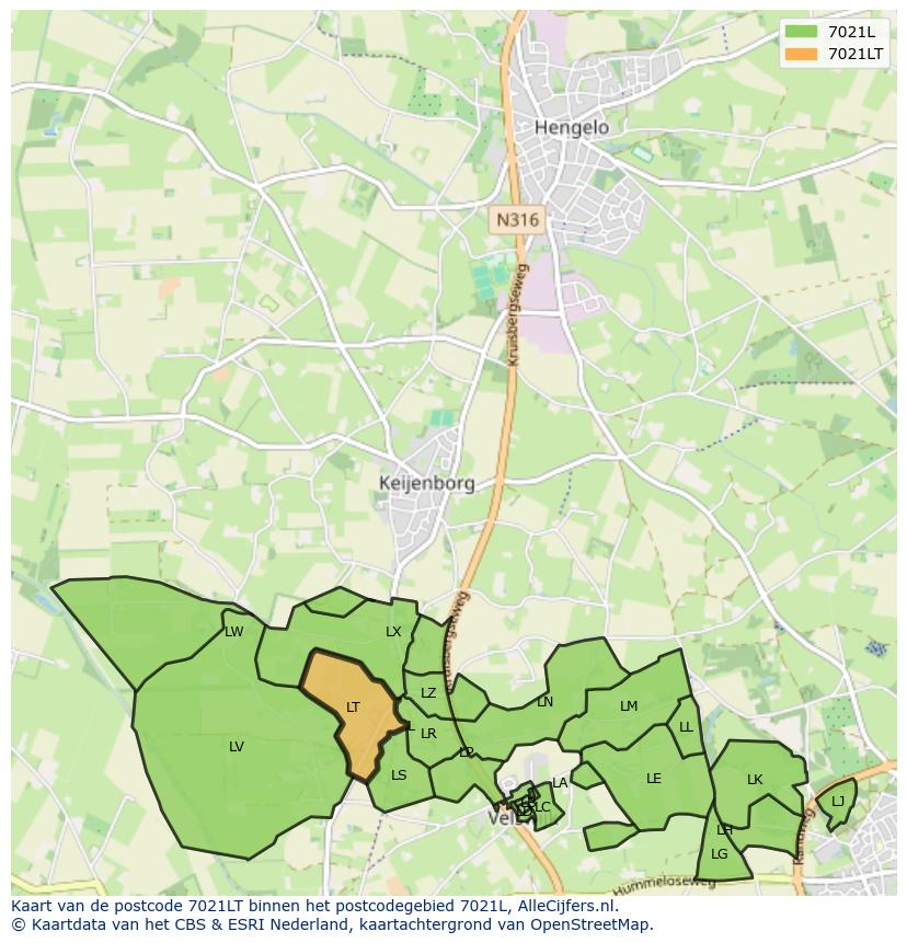 Afbeelding van het postcodegebied 7021 LT op de kaart.