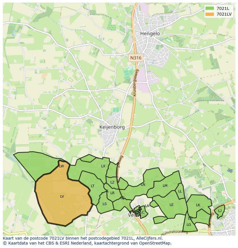 Afbeelding van het postcodegebied 7021 LV op de kaart.