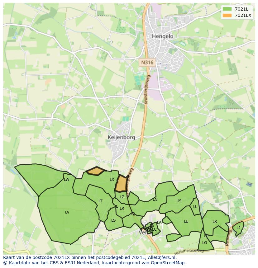 Afbeelding van het postcodegebied 7021 LX op de kaart.