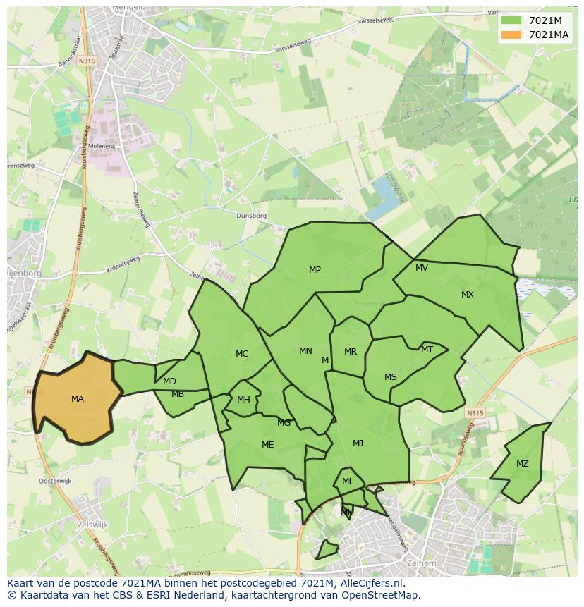 Afbeelding van het postcodegebied 7021 MA op de kaart.