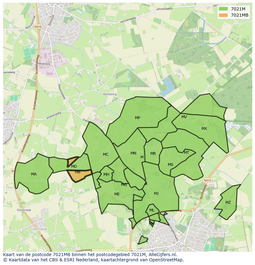 Afbeelding van het postcodegebied 7021 MB op de kaart.