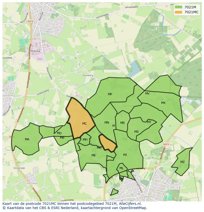 Afbeelding van het postcodegebied 7021 MC op de kaart.