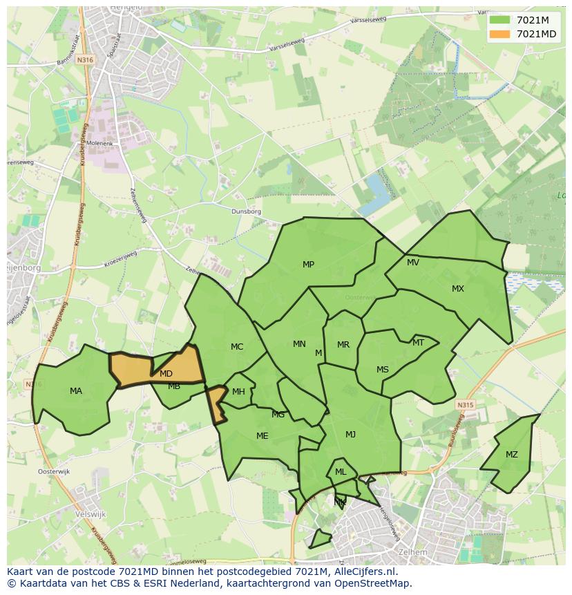 Afbeelding van het postcodegebied 7021 MD op de kaart.