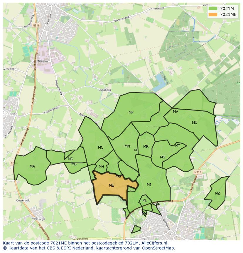 Afbeelding van het postcodegebied 7021 ME op de kaart.