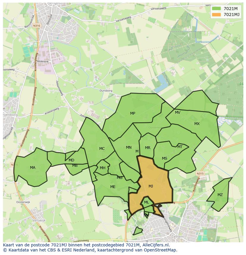 Afbeelding van het postcodegebied 7021 MJ op de kaart.