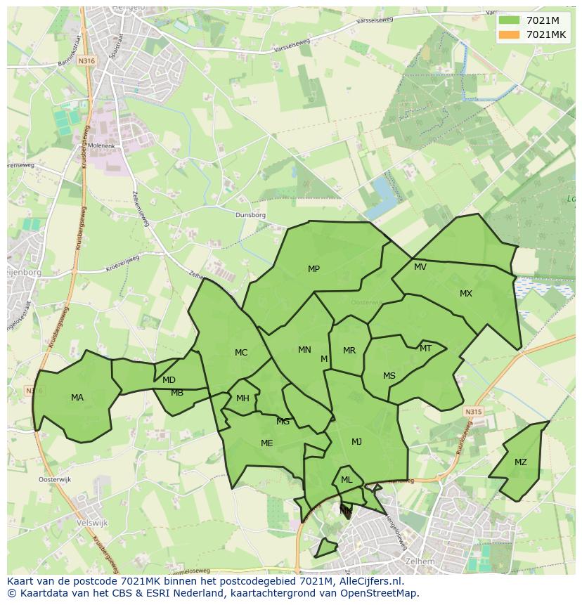 Afbeelding van het postcodegebied 7021 MK op de kaart.
