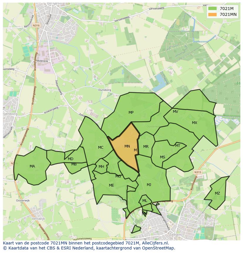 Afbeelding van het postcodegebied 7021 MN op de kaart.