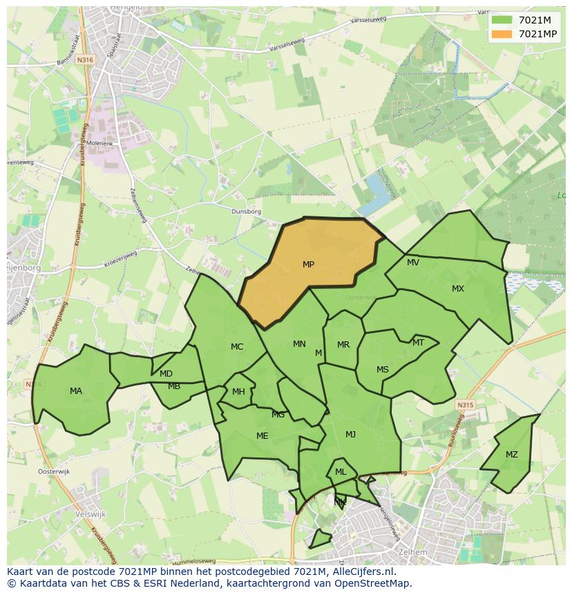 Afbeelding van het postcodegebied 7021 MP op de kaart.