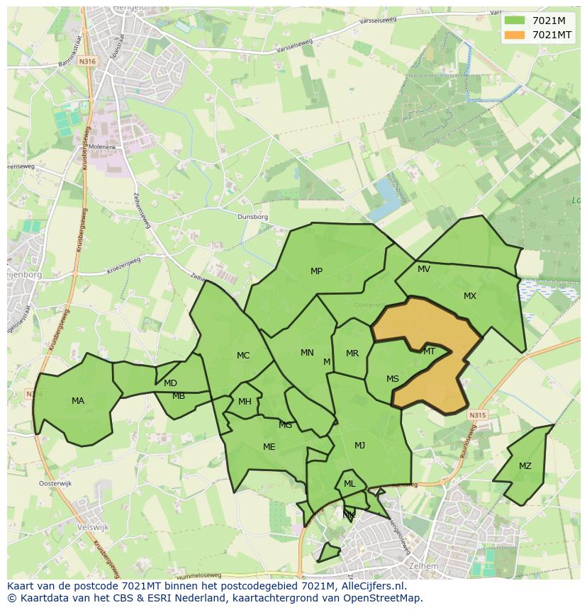 Afbeelding van het postcodegebied 7021 MT op de kaart.