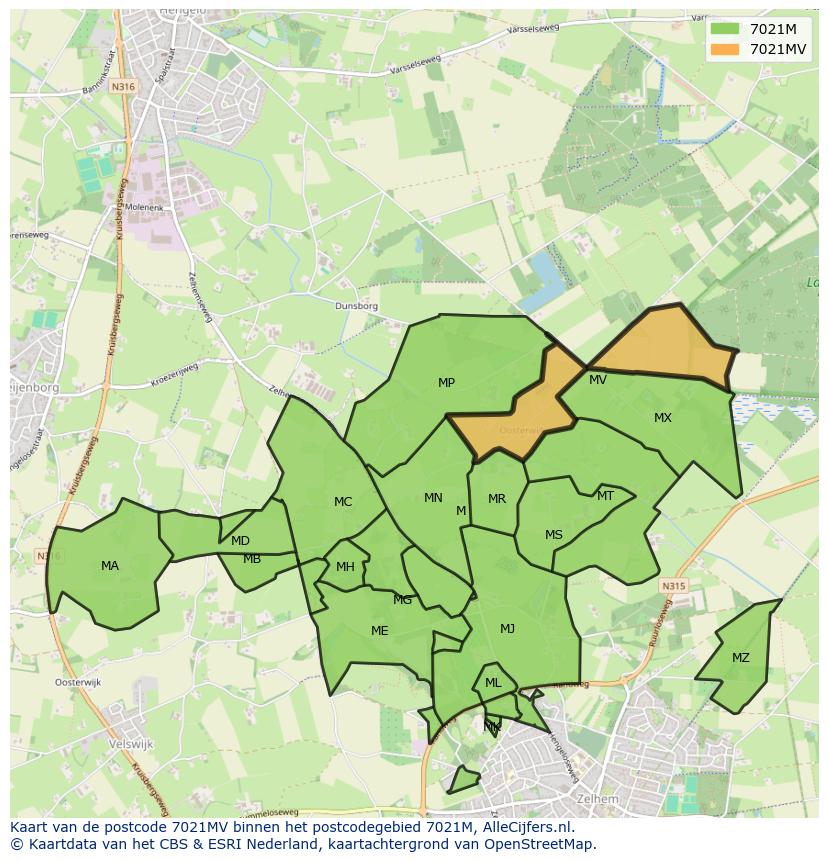 Afbeelding van het postcodegebied 7021 MV op de kaart.