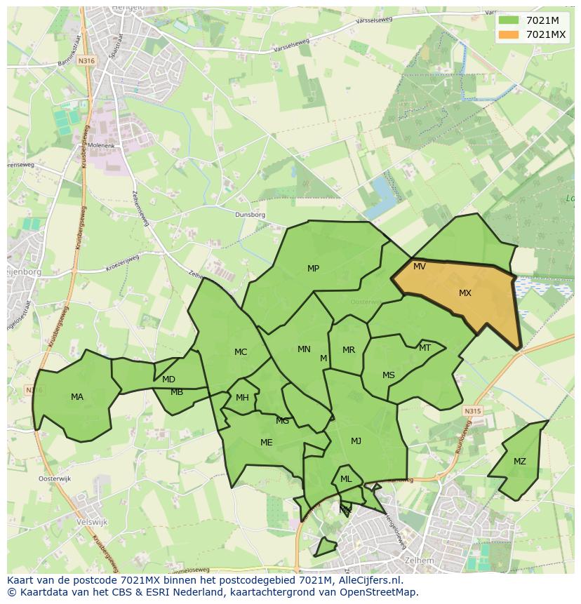 Afbeelding van het postcodegebied 7021 MX op de kaart.