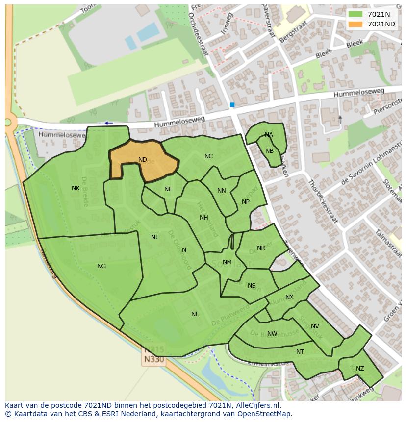 Afbeelding van het postcodegebied 7021 ND op de kaart.