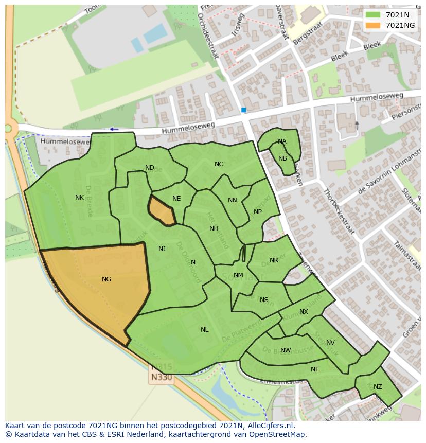 Afbeelding van het postcodegebied 7021 NG op de kaart.