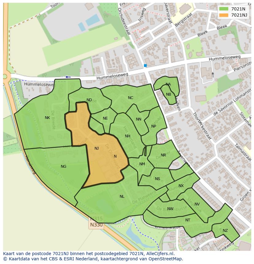 Afbeelding van het postcodegebied 7021 NJ op de kaart.