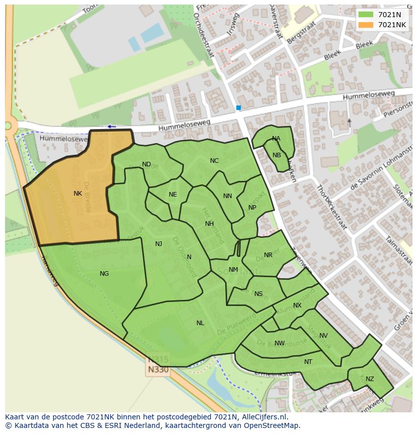 Afbeelding van het postcodegebied 7021 NK op de kaart.