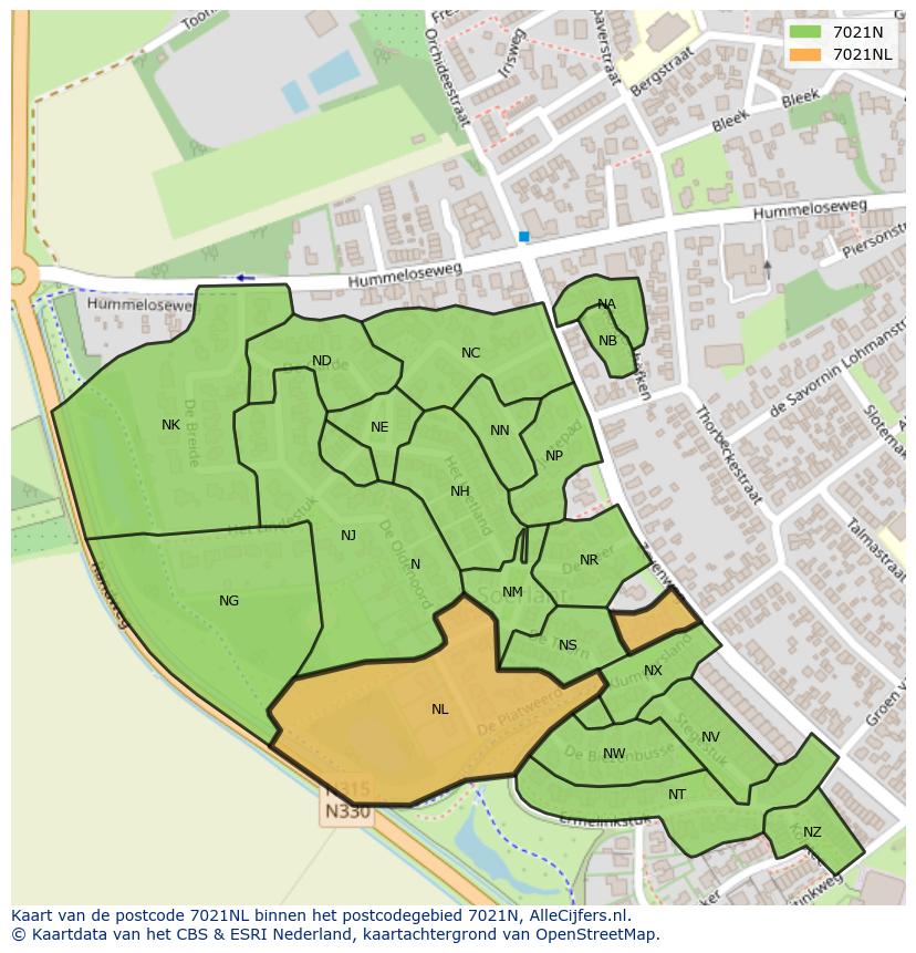 Afbeelding van het postcodegebied 7021 NL op de kaart.