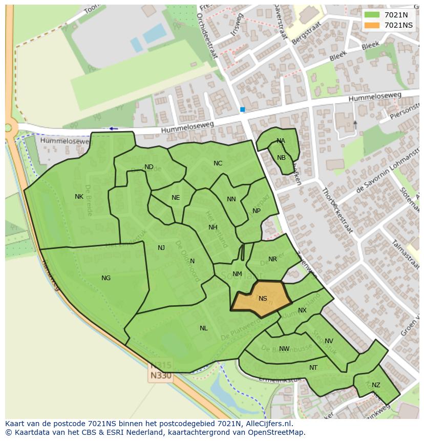 Afbeelding van het postcodegebied 7021 NS op de kaart.