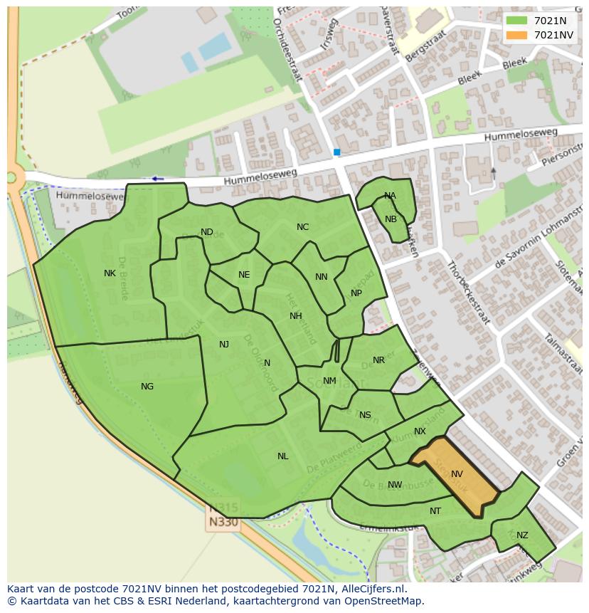 Afbeelding van het postcodegebied 7021 NV op de kaart.