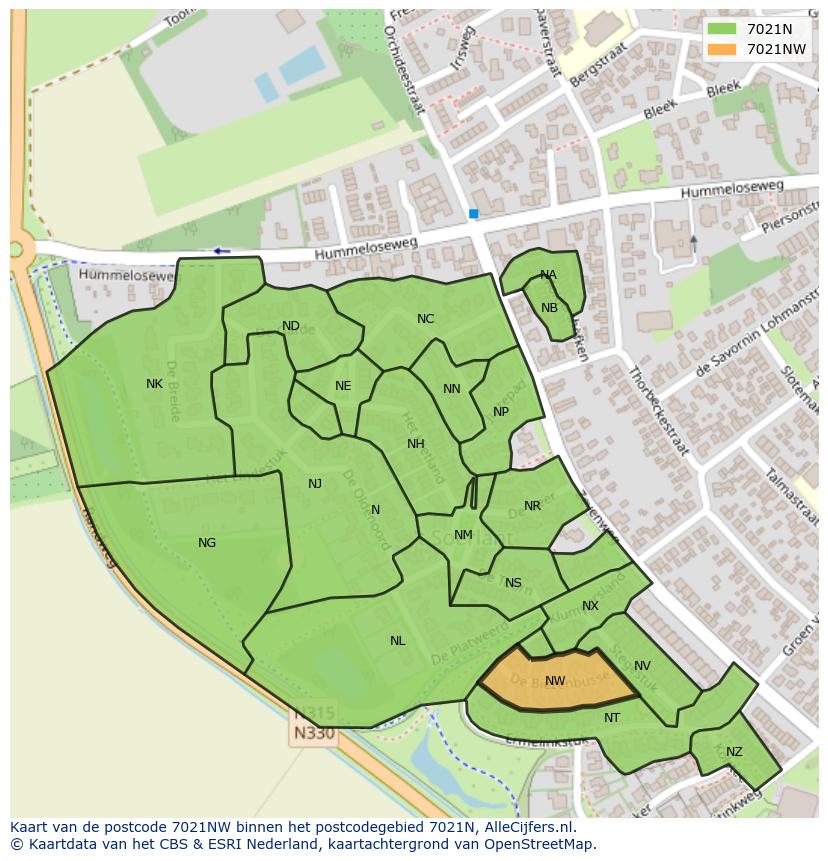 Afbeelding van het postcodegebied 7021 NW op de kaart.
