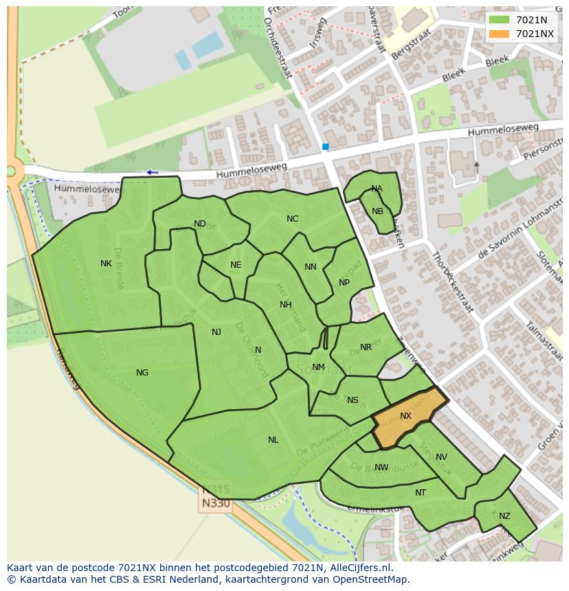 Afbeelding van het postcodegebied 7021 NX op de kaart.