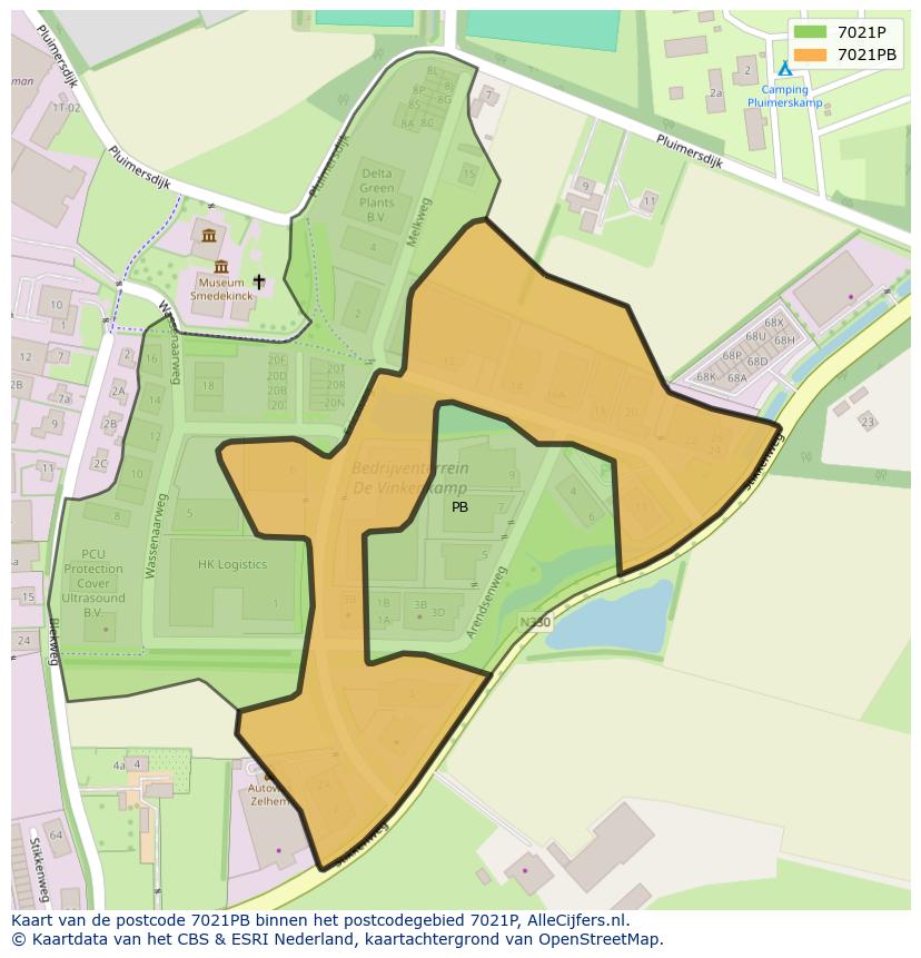 Afbeelding van het postcodegebied 7021 PB op de kaart.