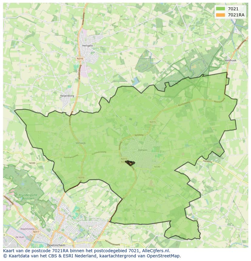 Afbeelding van het postcodegebied 7021 RA op de kaart.