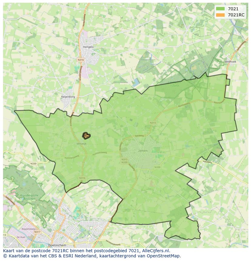 Afbeelding van het postcodegebied 7021 RC op de kaart.