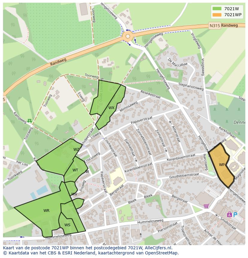 Afbeelding van het postcodegebied 7021 WP op de kaart.