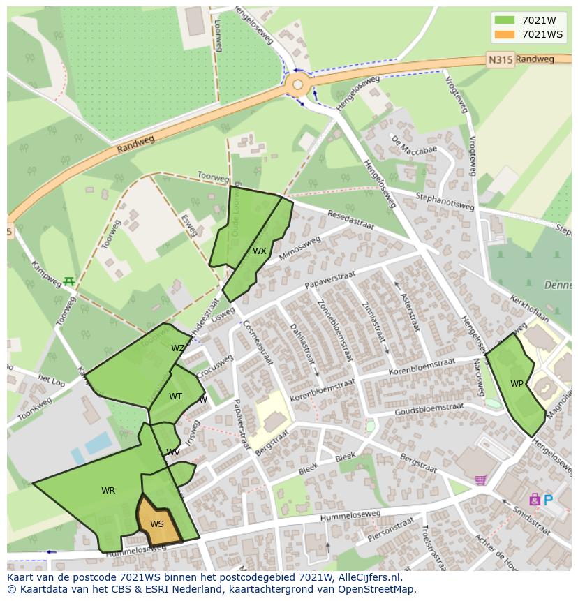 Afbeelding van het postcodegebied 7021 WS op de kaart.
