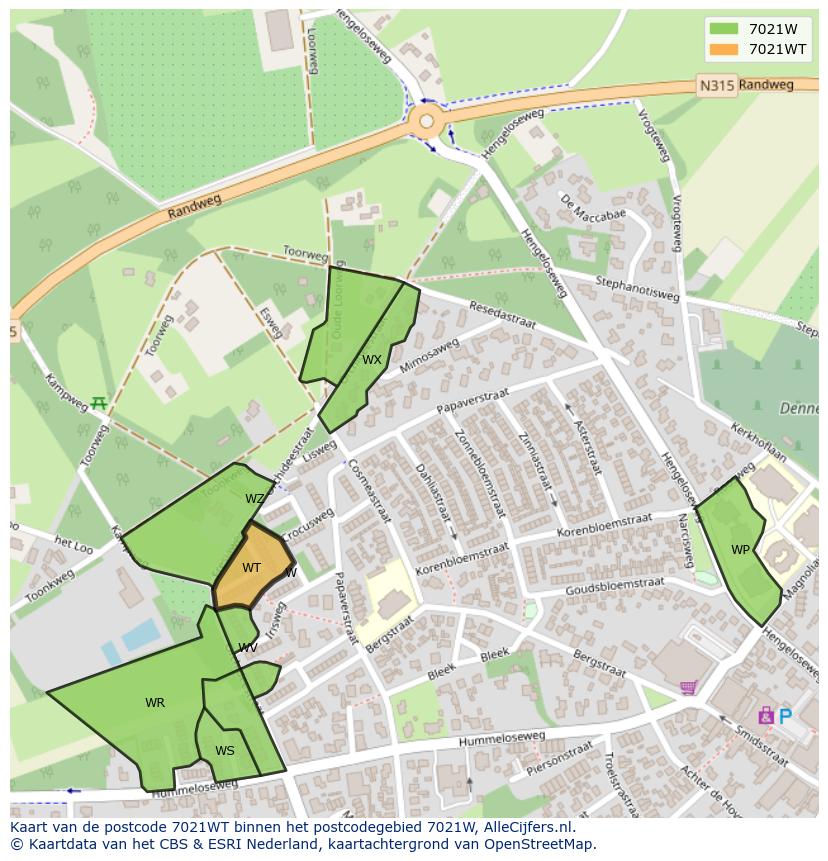 Afbeelding van het postcodegebied 7021 WT op de kaart.
