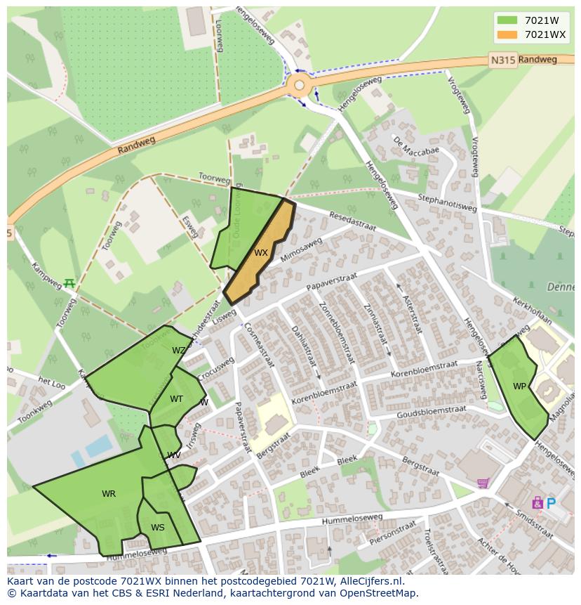 Afbeelding van het postcodegebied 7021 WX op de kaart.