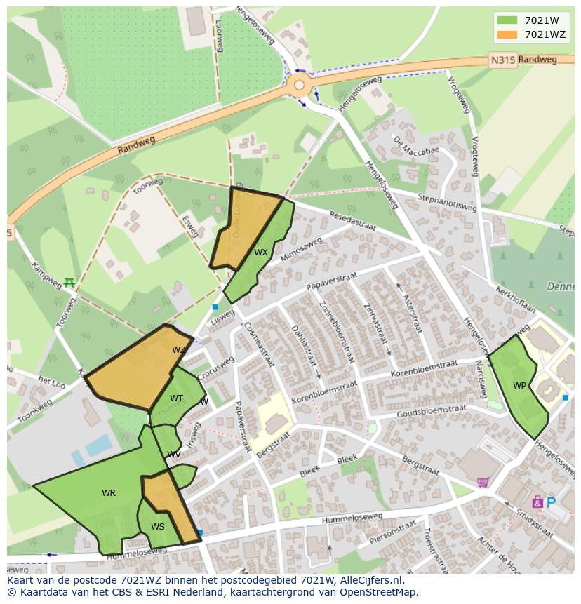 Afbeelding van het postcodegebied 7021 WZ op de kaart.