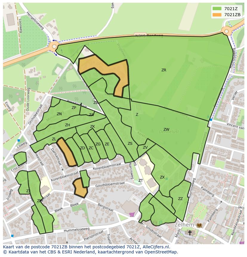 Afbeelding van het postcodegebied 7021 ZB op de kaart.