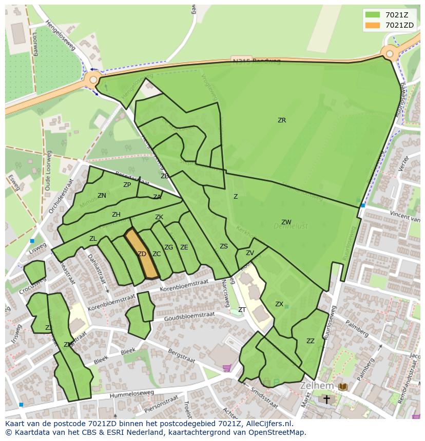 Afbeelding van het postcodegebied 7021 ZD op de kaart.