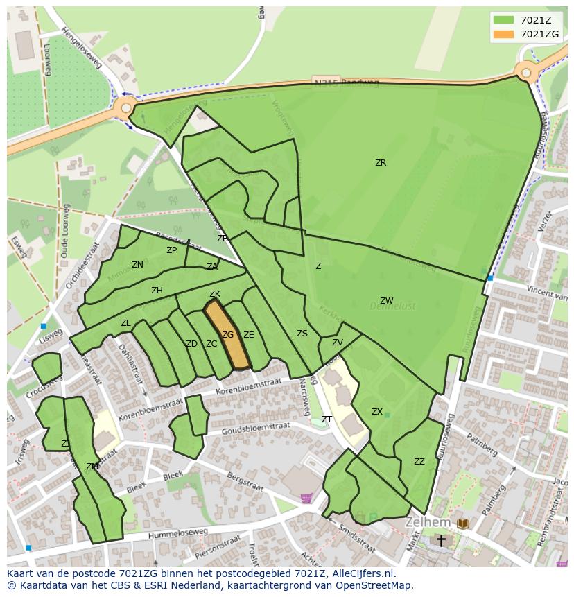 Afbeelding van het postcodegebied 7021 ZG op de kaart.
