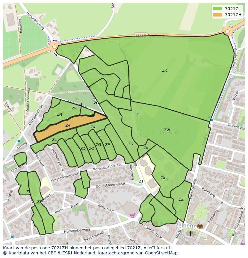 Afbeelding van het postcodegebied 7021 ZH op de kaart.