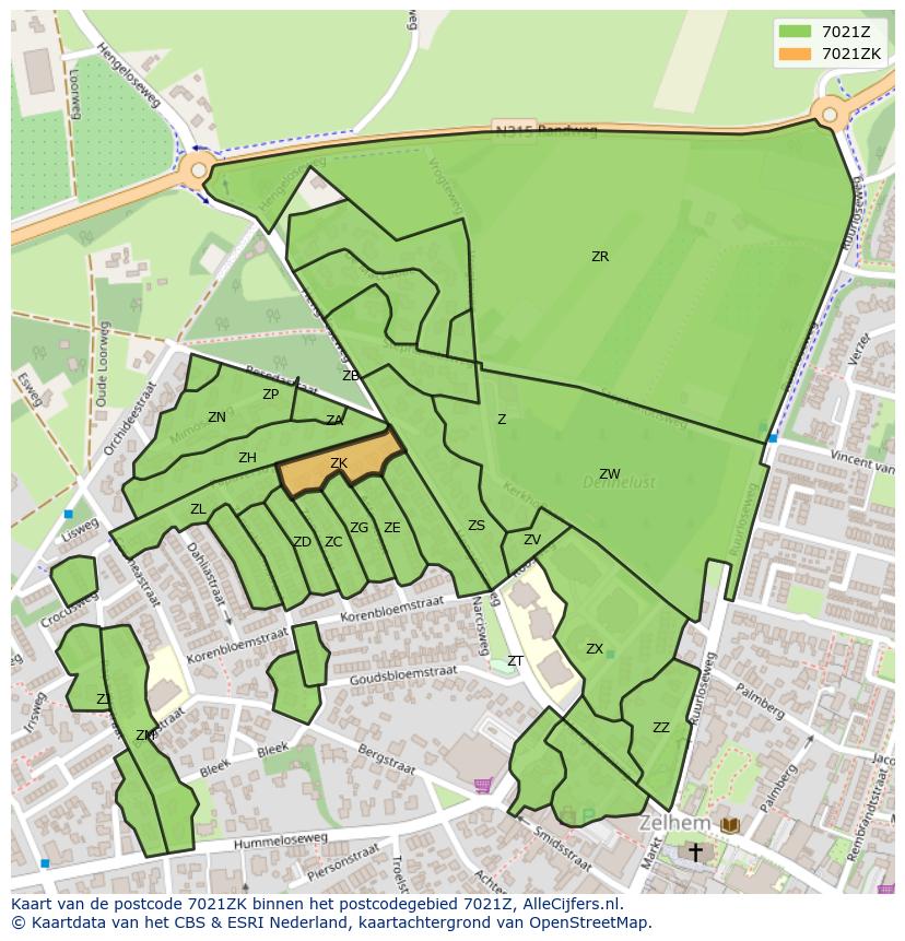Afbeelding van het postcodegebied 7021 ZK op de kaart.