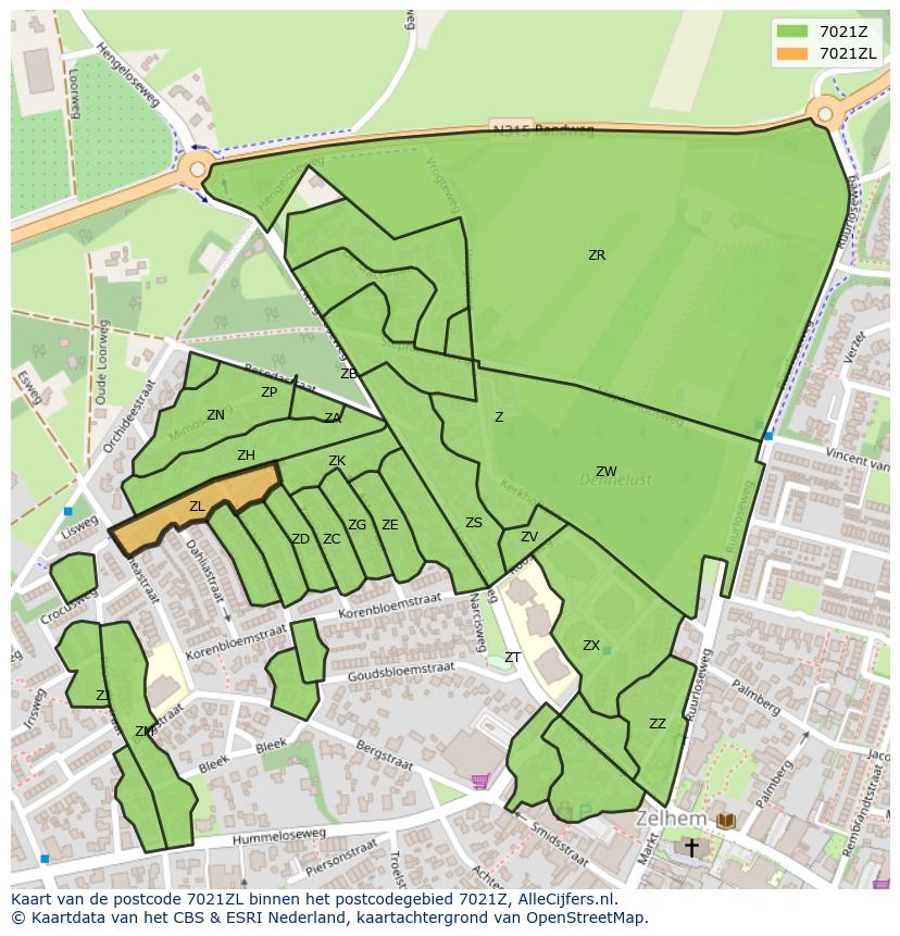 Afbeelding van het postcodegebied 7021 ZL op de kaart.