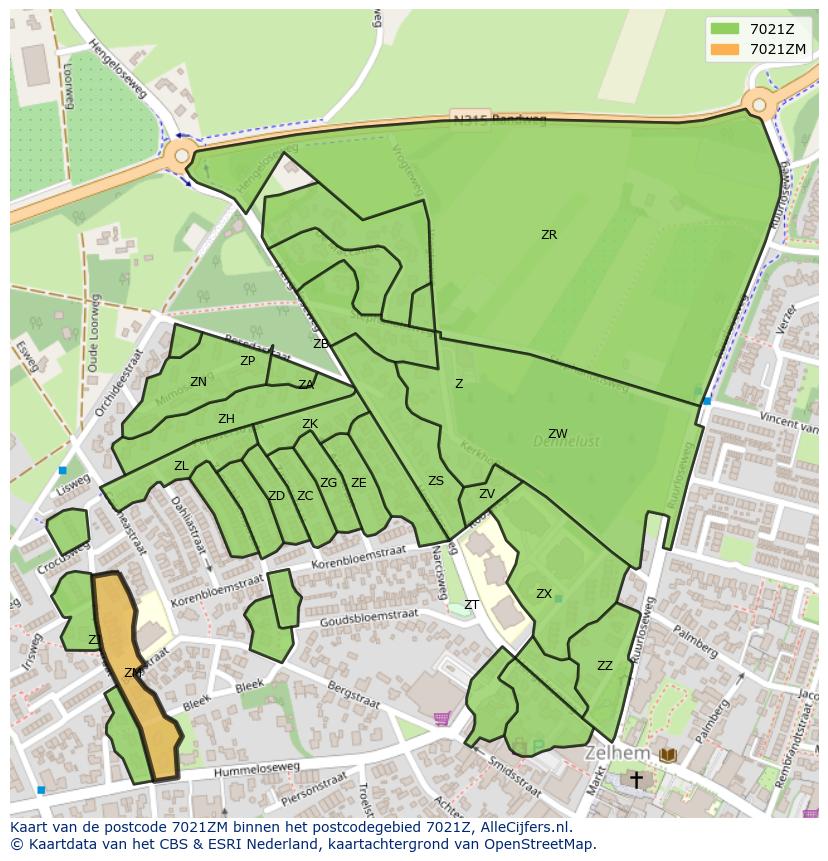 Afbeelding van het postcodegebied 7021 ZM op de kaart.