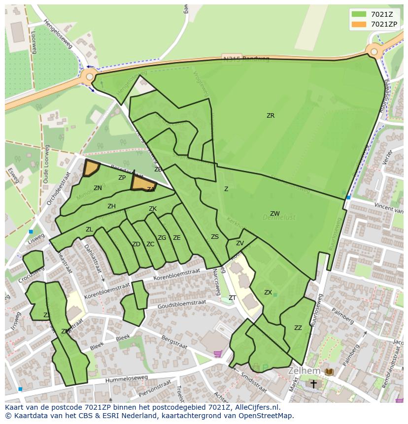 Afbeelding van het postcodegebied 7021 ZP op de kaart.