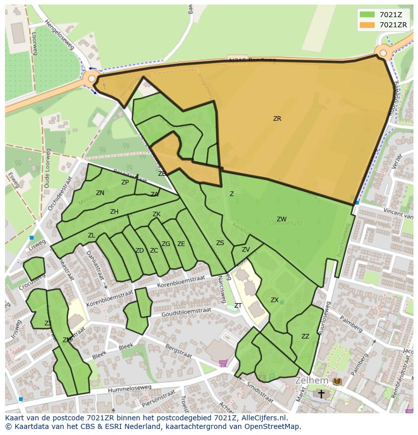 Afbeelding van het postcodegebied 7021 ZR op de kaart.