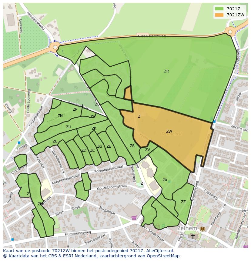 Afbeelding van het postcodegebied 7021 ZW op de kaart.