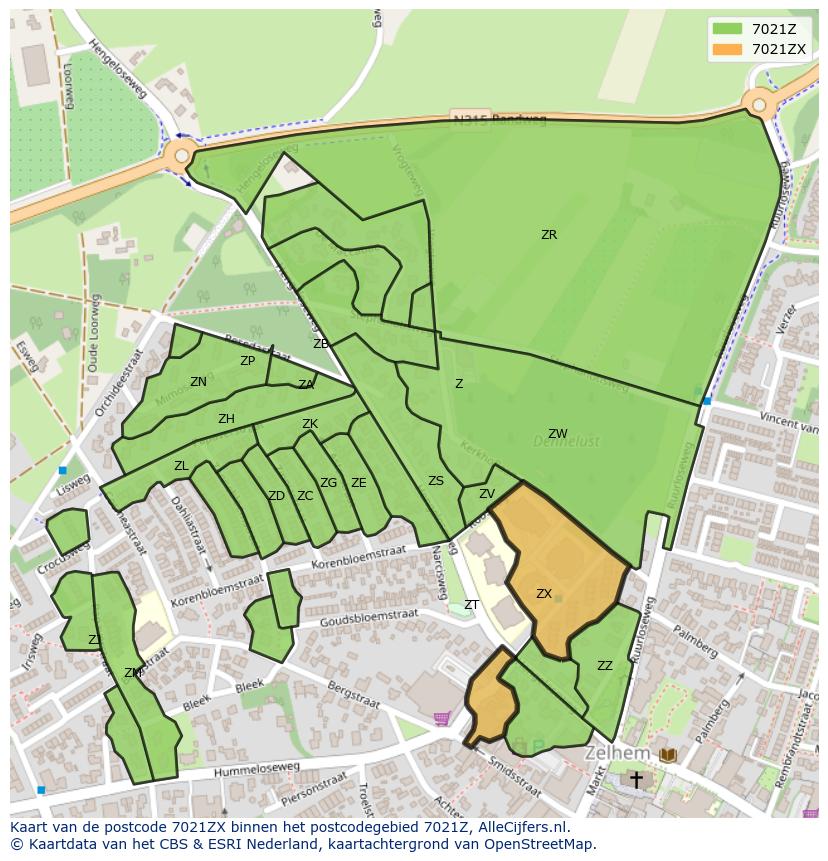 Afbeelding van het postcodegebied 7021 ZX op de kaart.