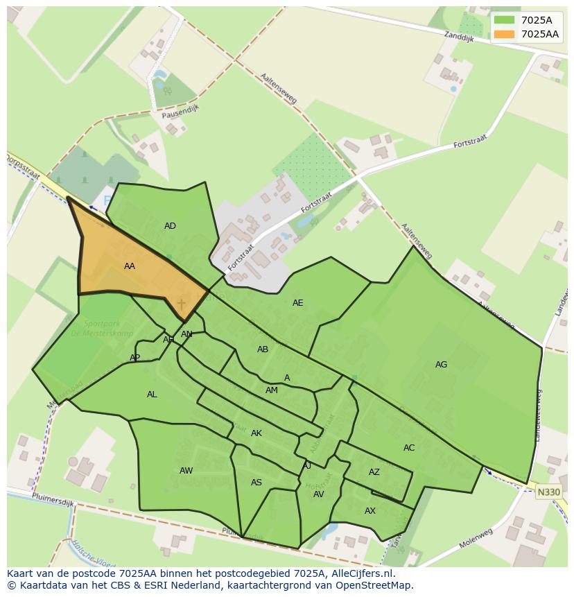 Afbeelding van het postcodegebied 7025 AA op de kaart.