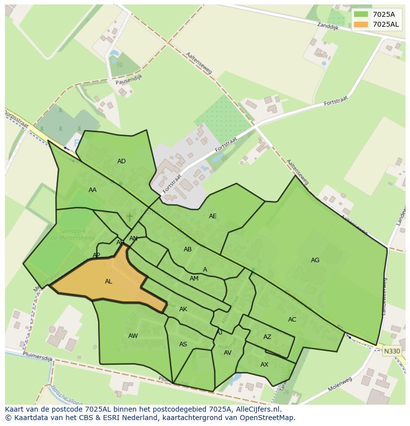 Afbeelding van het postcodegebied 7025 AL op de kaart.